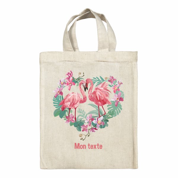 Sac tote bag personnalisable enfant pour lunch box - bento - boite à repas motif Flamants roses coeur