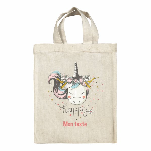 Sac tote bag personnalisable enfant pour lunch box - bento - boite à repas motif Licorne coeurs