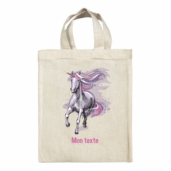 Sac tote bag personnalisable enfant pour lunch box - bento - boite à repas motif Licorne violette