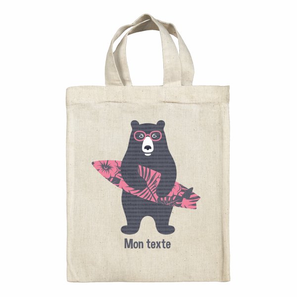 Sac tote bag personnalisable enfant pour lunch box - bento - boite à repas motif Ours surfeur