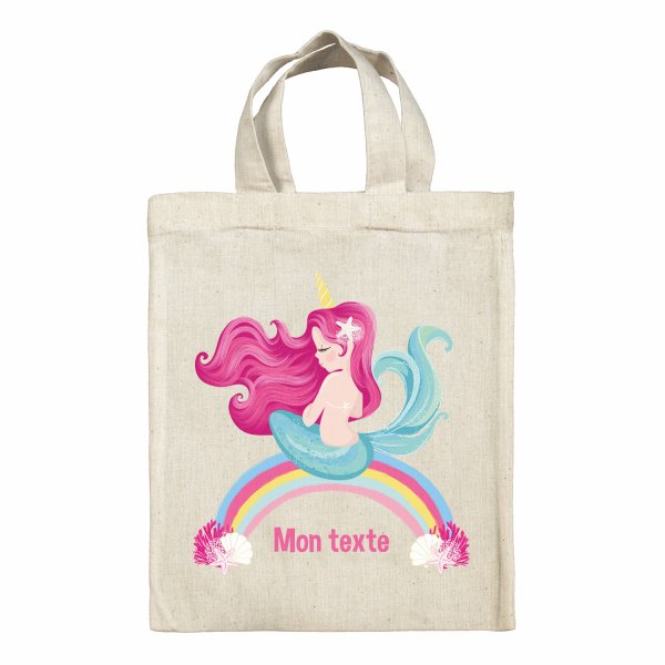 Sac tote bag personnalisable enfant pour lunch box - bento - boite à repas motif Sirène arc-en-ciel